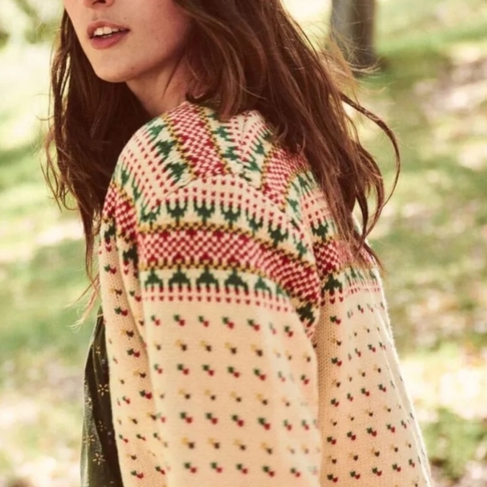 The Great. Vintage Ornament Button Down Cardigan in Cream Green and Red Size 0 - Picture 3 of 15